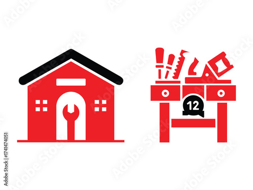 Illustration of a workshop with tools isolated on white background