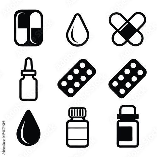 Medical icons set pill capsule drop band aid bottle blister pack healthcare medicine