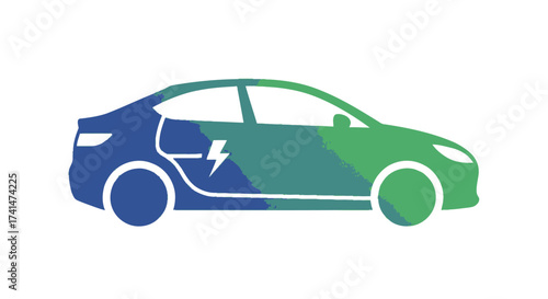 Modern electric car icon with a blue and green gradient showing a lightning bolt on the charging port.
