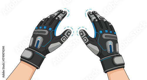Pair of futuristic black and gray gloves with blue accents on hands.