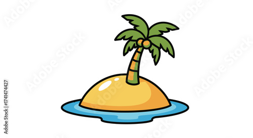 Cartoon illustration of a small tropical desert island with a single palm tree.