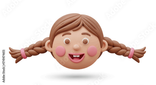 Cartoon Girls Head with Braids Smiling and Cheerful.