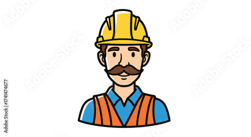 Cartoon Construction Worker with Yellow Hard Hat and Orange Safety Vest.