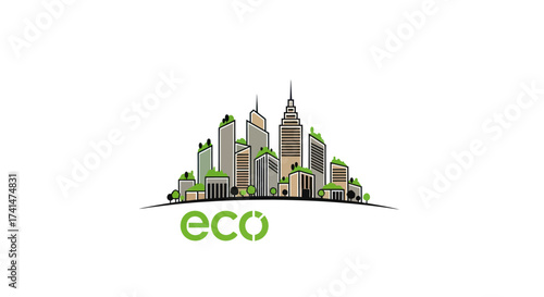 Stylized Cityscape with Green Eco Text Urban Sustainability Concept.