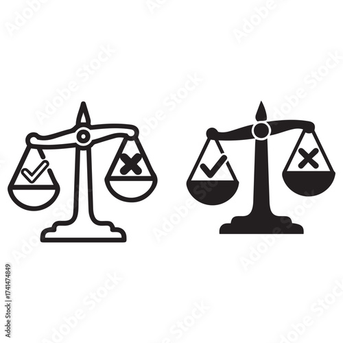 Justice scale icons representing choice weighing options and decisions with checkmark and cross symbols