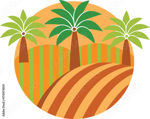 Vector illustration of tropical landscape with palm trees and fields