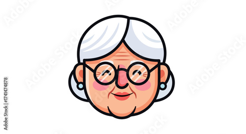 Cartoon illustration of an elderly womans face with glasses and white hair.
