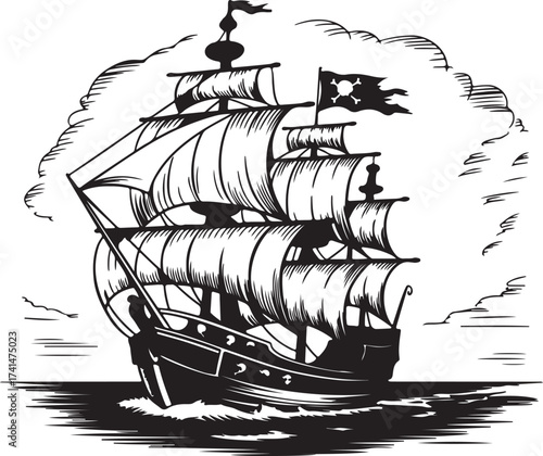 Engraved Pirate Ship Illustration Sailing Vessel Nautical Adventure Maritime History Seafaring