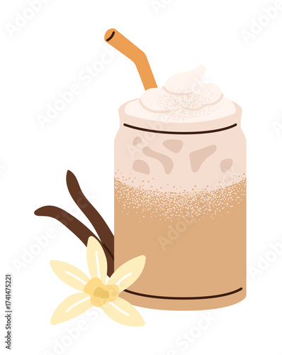 Iced vanilla latte in glass jar topped with whipped cream. Flat cartoon style vector illustration isolated on white background