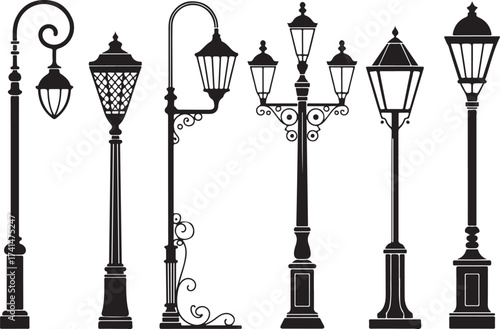 Elegant Street Lamp Collection Silhouette Vector Illustration Urban Lighting Fixtures Set