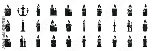 Minimal black silhouette candles with flames. Wax candle icons collection. Clean vector icons showing multiple candle types for professional graphic designers. Vector illustration isolated on white