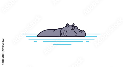 Minimalist line art illustration of a gray hippopotamus submerged in water.