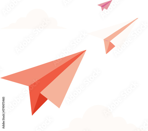Vector art of paper airplanes flying in the sky with clouds