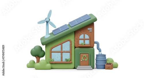 3D Cartoon Eco-Friendly House with Solar Panels and Wind Turbine.