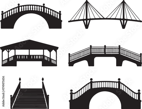 Bridge Collection Silhouette Vector Illustration Architectural Structure Set Span