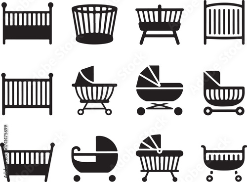 Collection of Baby Crib and Stroller Silhouettes for Nursery and Infant Concepts with Various Styles