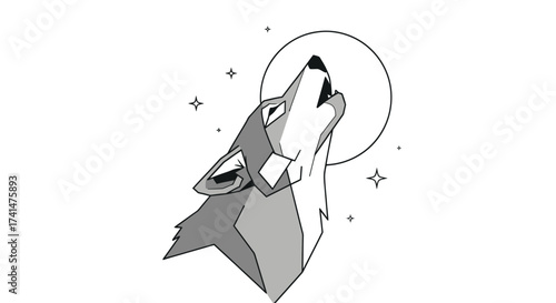 Stylized Wolf Howling at a Full Moon Under a Starry Sky.