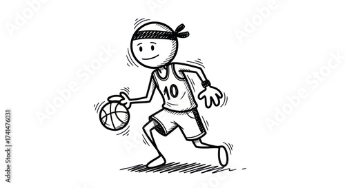 Cartoon stick figure playing basketball dribbling with a headband and jersey.