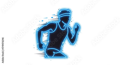 Dynamic Blue Neon Silhouette Runner with Speed Effect.