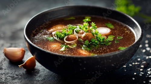 Soup styled with garlic cloves and onion rings, dark rustic surface