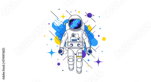 Illustration of an astronaut floating in space with colorful blue and yellow watercolor splashes and stars.