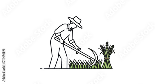Farmer harvesting wheat with a scythe in a field.