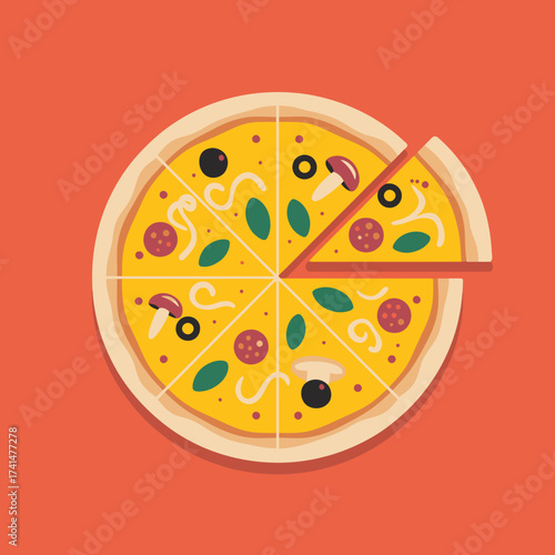 Vector art of delicious pizza with various toppings and a slice missing on red background