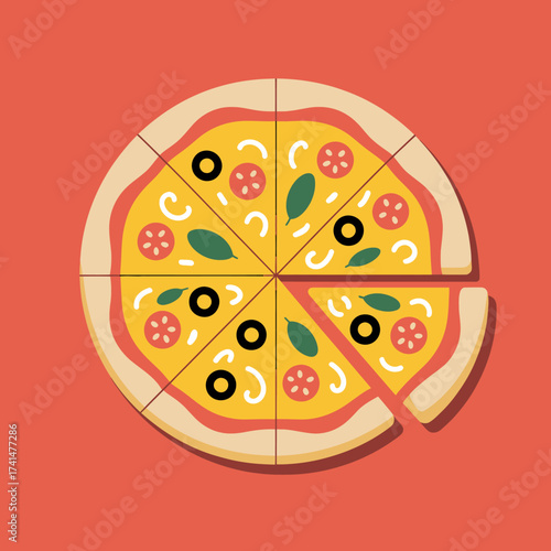 Vector art of delicious pizza with toppings on a red background with a missing slice