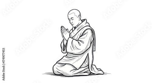 Monk in Prayer Kneeling in Traditional Robes with Hands Clasped.