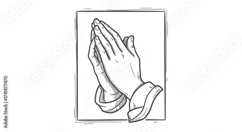Line Art Illustration of Praying Hands in a Square Frame.