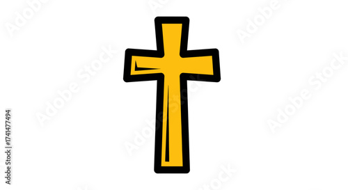 Simple Yellow Christian Cross Symbol with Black Outline.