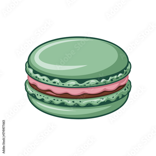 Vector art of green macaron with pink filling, tasty confectionery