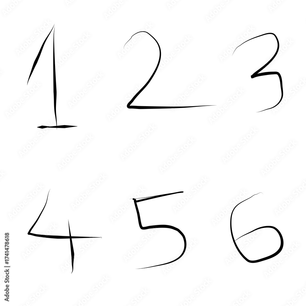 Obraz premium Hand Drawn Vector Numbers Set 1 to 6 Simple Black Outline Digits, Minimalist Sketch Style Illustration on White Background