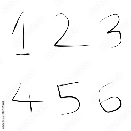 Hand Drawn Vector Numbers Set 1 to 6 Simple Black Outline Digits, Minimalist Sketch Style Illustration on White Background
