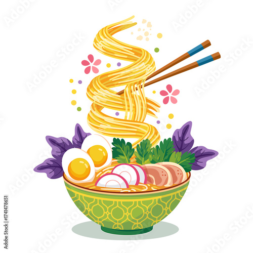Vector art of delicious ramen bowl with egg and pork