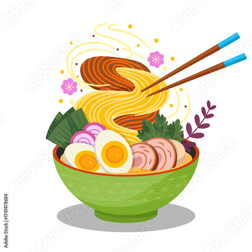 Vector art of tasty ramen bowl with egg and pork
