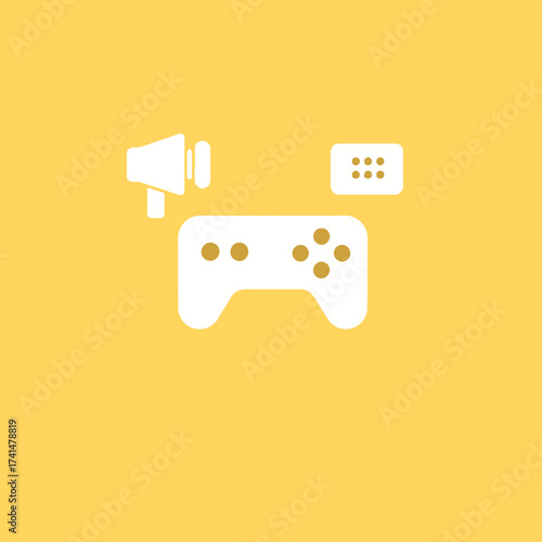 A white game controller, speaker, and data symbol on a yellow background.