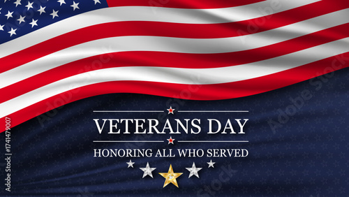 Veterans day background with national flag of United States. Honoring all who served. November 11 Veterans day National holiday of the USA. Vector illustration.