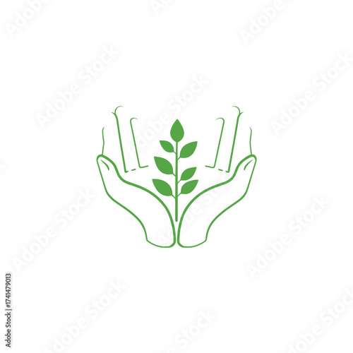 Green sprout being held by two hands, symbolizing growth, care, and environmental protection.