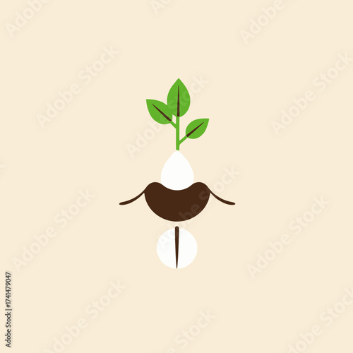 A stylized illustration of a sprouting seed with roots and green leaves, representing growth.