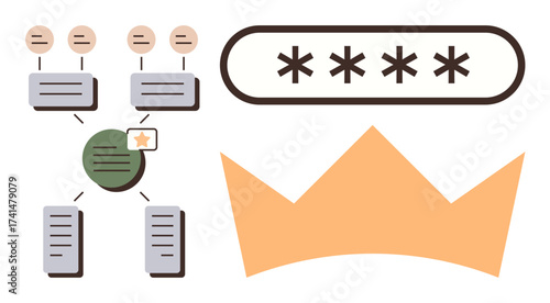 Flowchart network connections, password field for digital security, crown representing authority. Ideal for cybersecurity, network diagram, privacy concept, decision-making, hierarchy, leadership