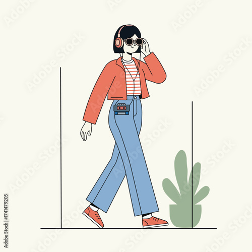 Illustration of a stylish retro girl wearing sunglasses and headphones while listening to music on a walkman, casual street style character design for lifestyle and retro themes