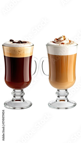 Two Irish coffee style drinks, side-by-side in glass tumblers with handles and stands. 