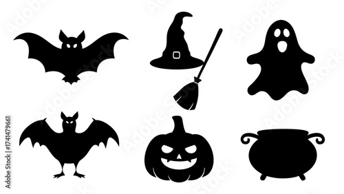 Set of Halloween silhouette collection elements on tranparent background