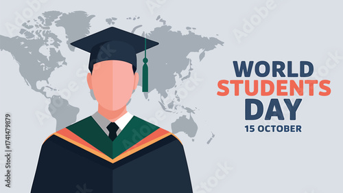 Vector art of world students day on october 15th, featuring a graduate in cap and gown against a world map background
