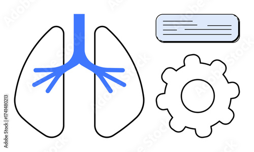 Stylized lungs with branching bronchi, mechanical gear, and text box suggest themes of health, innovation, and progress. Ideal for healthcare, technology, collaboration, medicine science