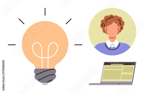 Bright light bulb, person avatar, and open laptop representing idea sharing, innovation, brainstorming, teamwork, learning, digital interaction and productivity. Ideal for simple flat metaphor