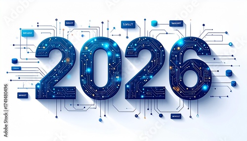 The year 2026 presented as a high-tech concept with a glowing blue digital circuit board, symbolizing future innovation and networking technology