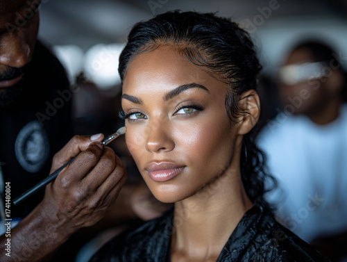 Beauty pageant contestant getting final makeup touch-up before stage