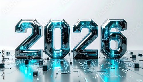 Futuristic concept of the year 2026 with glowing blue chrome numbers on a high-tech circuit board background representing innovation